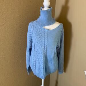 Blue Cut Out Turtleneck Sweater M Asymmetrical Knit Chunky Indie Soft Girl
